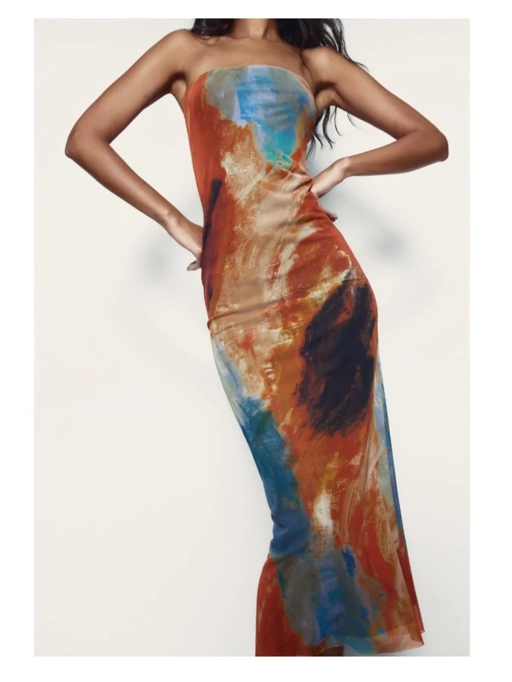Zara Strapless Printed Fitted Mesh Dress - Picture 6 of 12